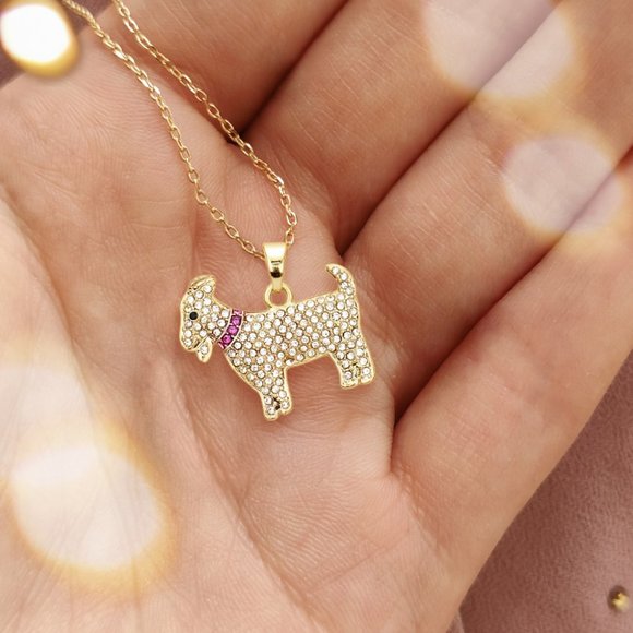 NEW Gold Dipped Rhinestone Embellished Goat Pendant Necklace - Picture 1 of 3